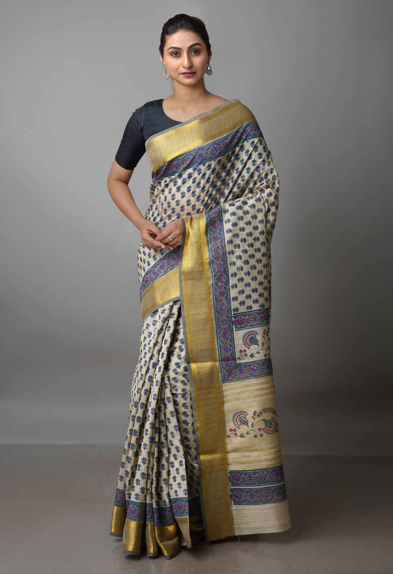 Cream Pure Handloom Bengal Tussar  Silk Saree-UNM70216