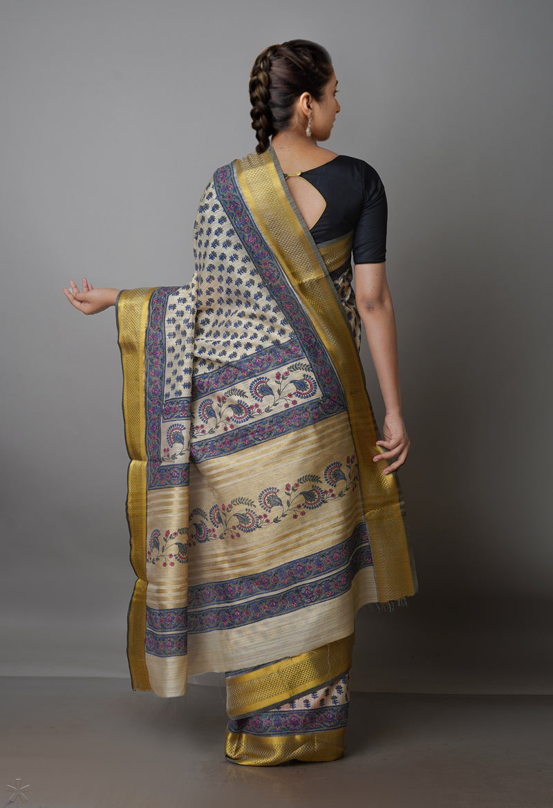Cream Pure Handloom Bengal Tussar  Silk Saree-UNM70216