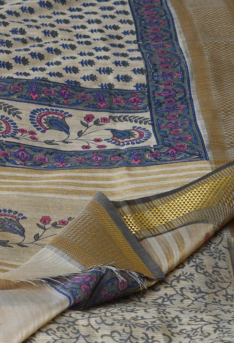 Cream Pure Handloom Bengal Tussar  Silk Saree-UNM70216