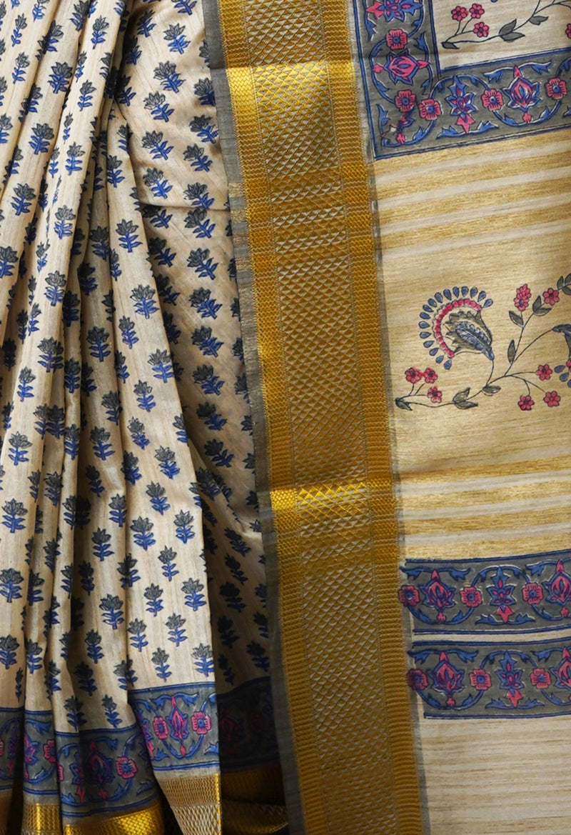 Cream Pure Handloom Bengal Tussar  Silk Saree-UNM70216
