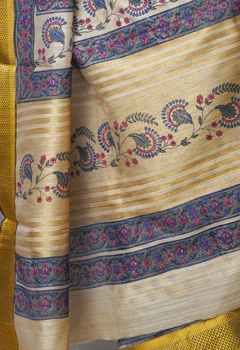 Cream Pure Handloom Bengal Tussar  Silk Saree-UNM70216