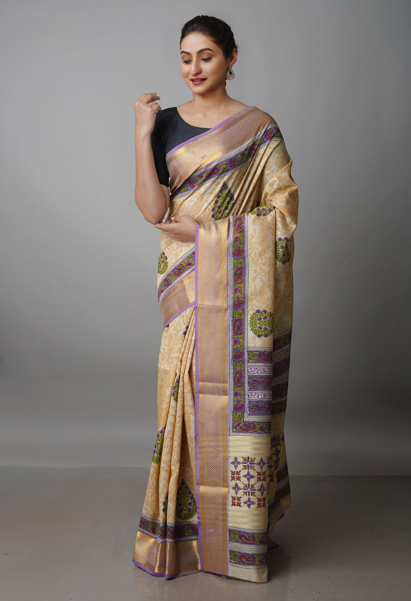 Cream Pure Handloom Bengal Tussar  Silk Saree-UNM70217