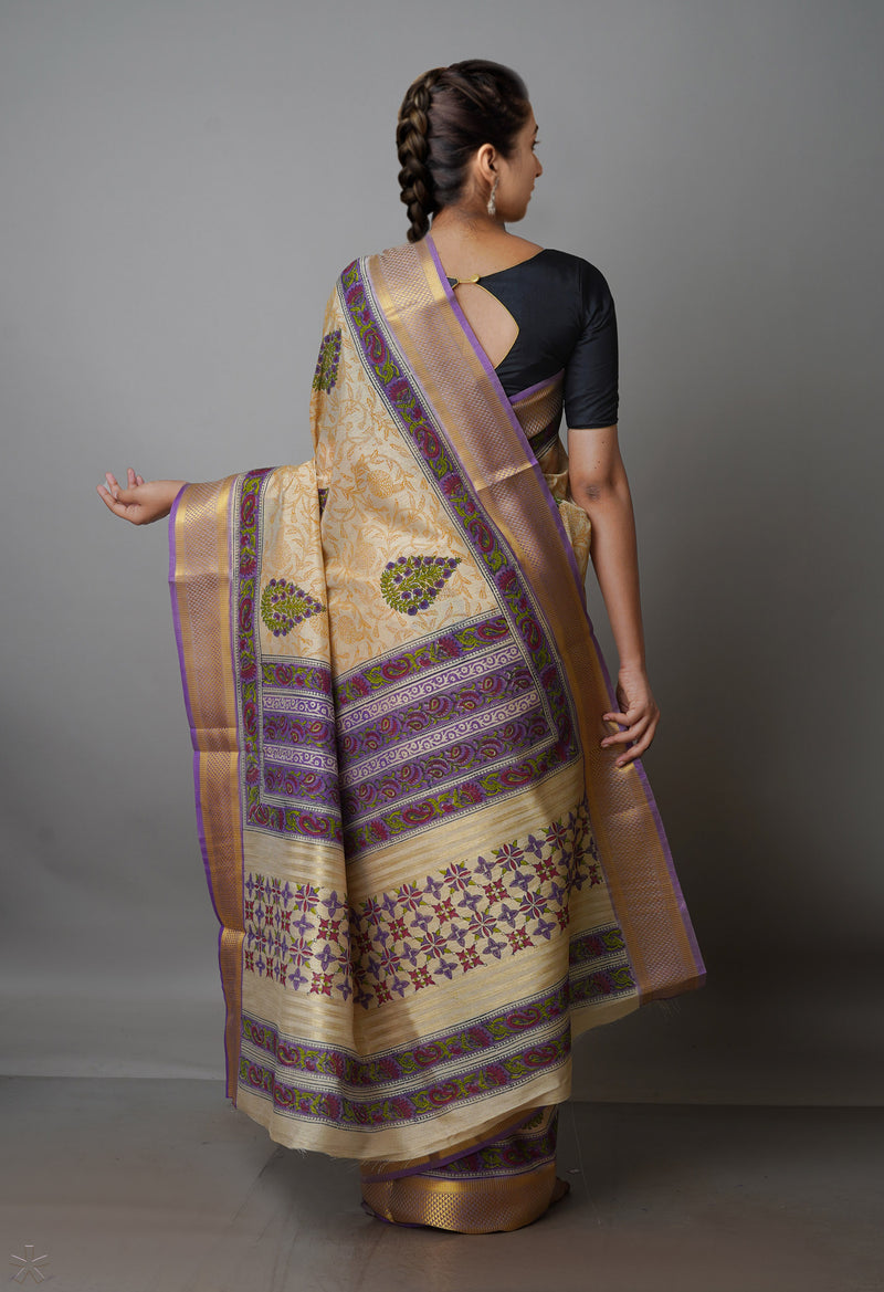 Cream Pure Handloom Bengal Tussar  Silk Saree-UNM70217