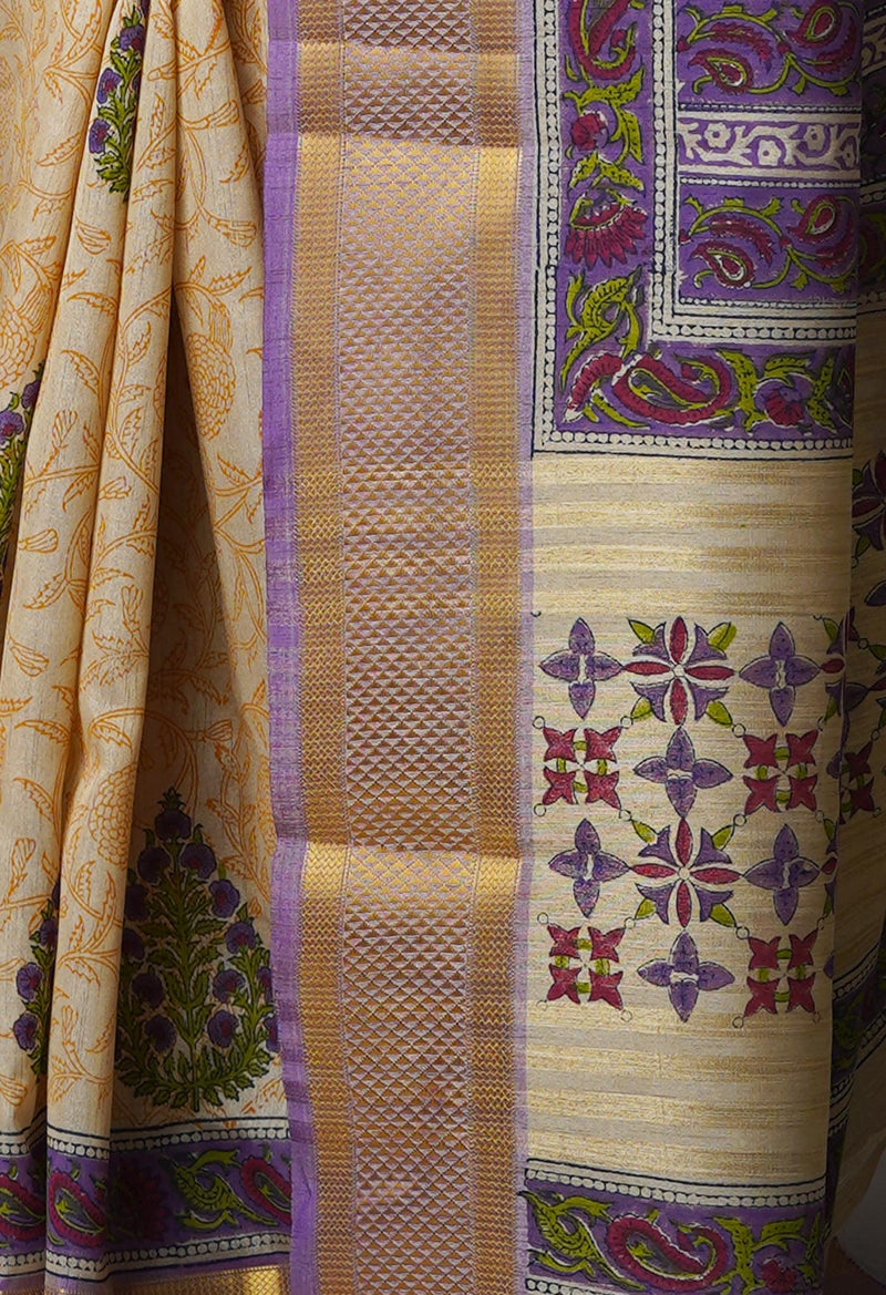Cream Pure Handloom Bengal Tussar  Silk Saree-UNM70217