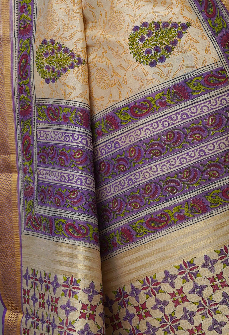Cream Pure Handloom Bengal Tussar  Silk Saree-UNM70217