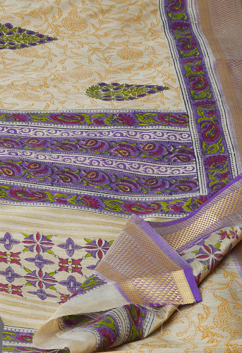 Cream Pure Handloom Bengal Tussar  Silk Saree-UNM70217