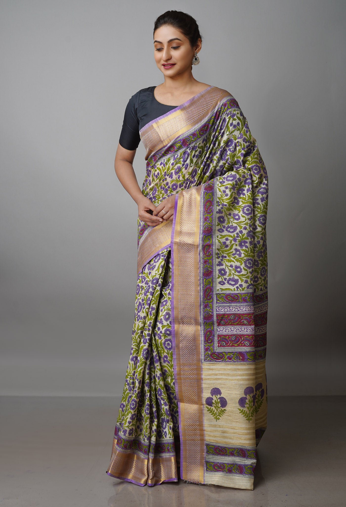 Cream Pure Handloom Bengal Tussar Silk Saree-UNM70218