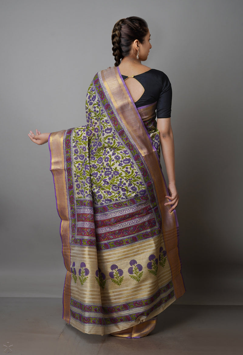 Cream Pure Handloom Bengal Tussar  Silk Saree-UNM70218