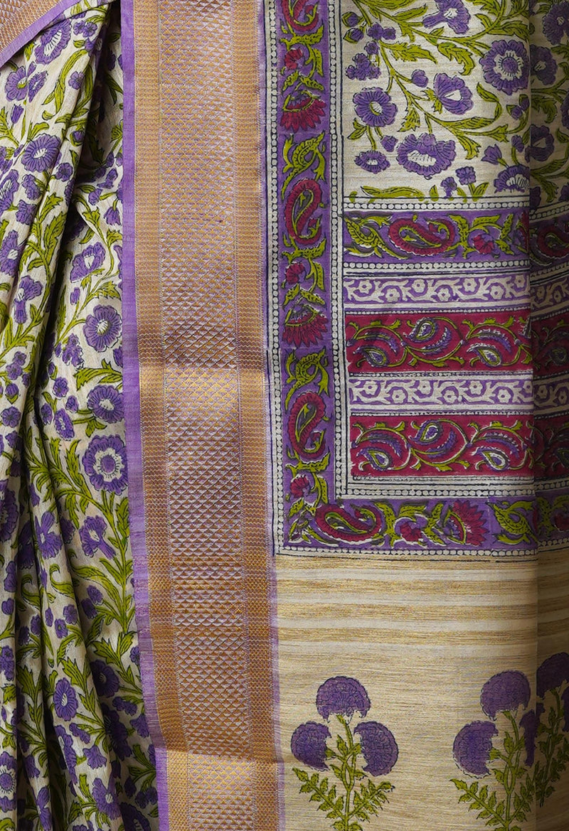 Cream Pure Handloom Bengal Tussar  Silk Saree-UNM70218