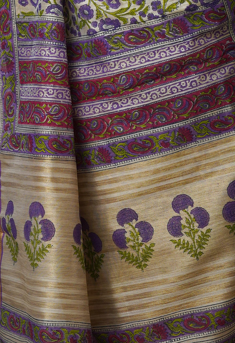 Cream Pure Handloom Bengal Tussar  Silk Saree-UNM70218