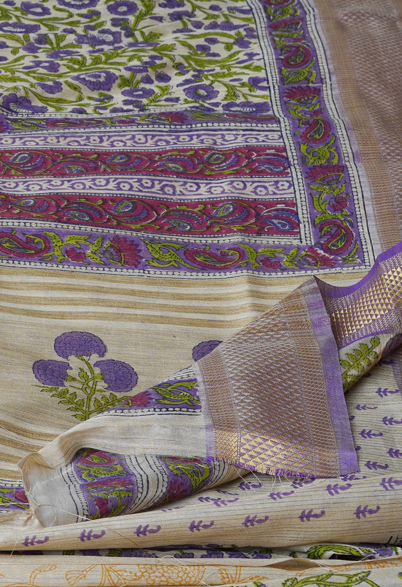 Cream Pure Handloom Bengal Tussar  Silk Saree-UNM70218