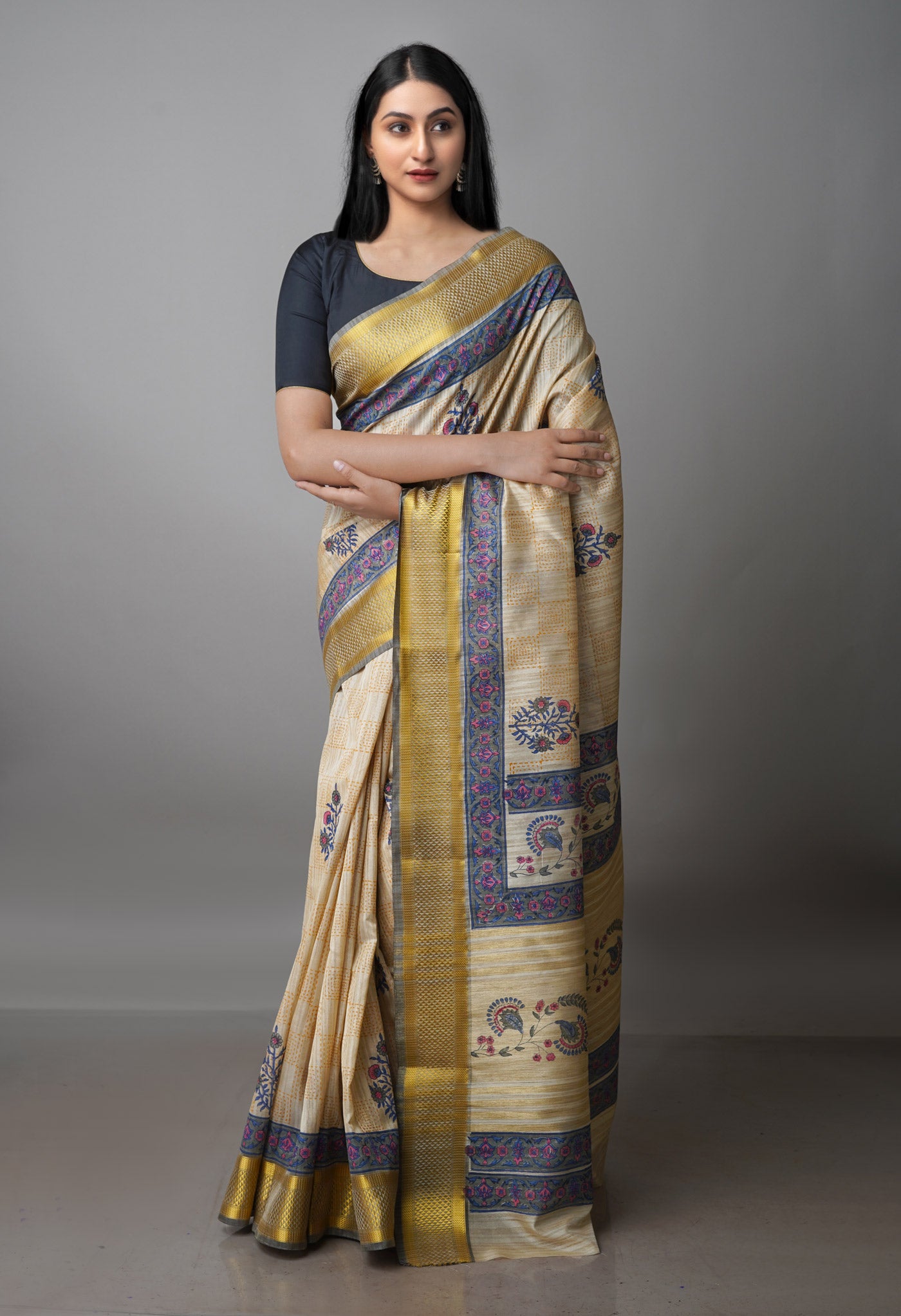 Cream Pure Handloom Bengal Tussar  Silk Saree-UNM70219