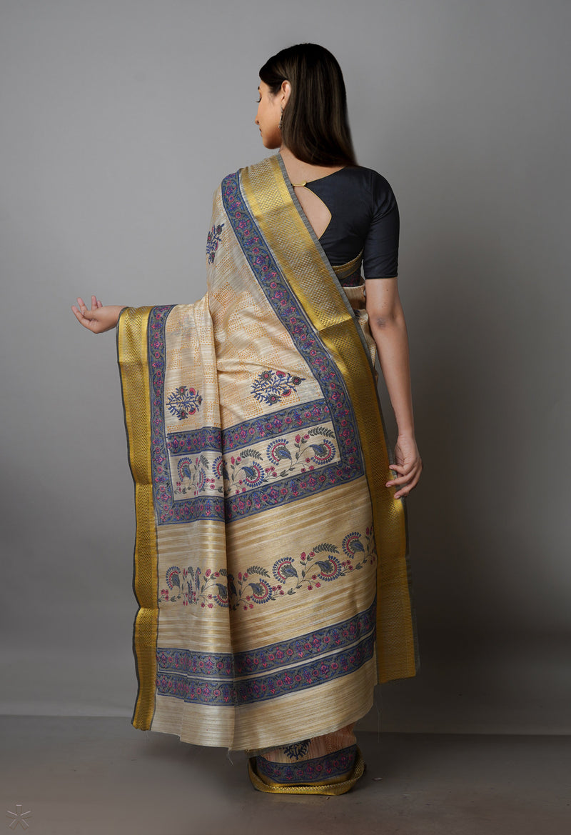 Cream Pure Handloom Bengal Tussar  Silk Saree-UNM70219