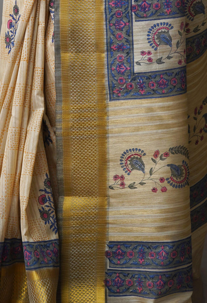 Cream Pure Handloom Bengal Tussar  Silk Saree-UNM70219