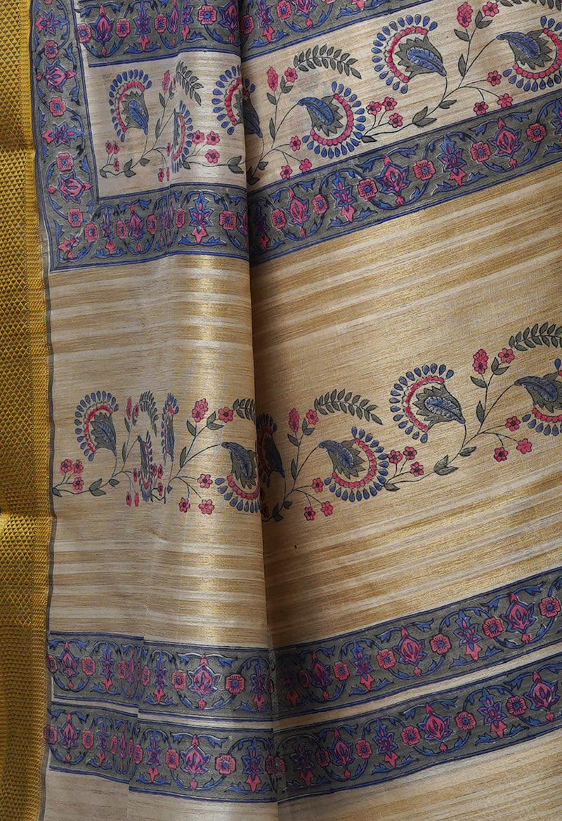 Cream Pure Handloom Bengal Tussar  Silk Saree-UNM70219