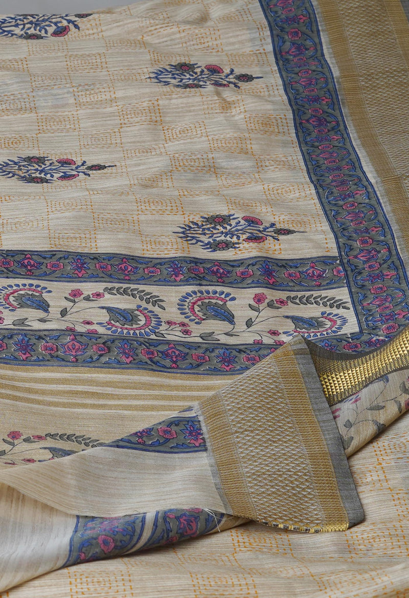 Cream Pure Handloom Bengal Tussar  Silk Saree-UNM70219