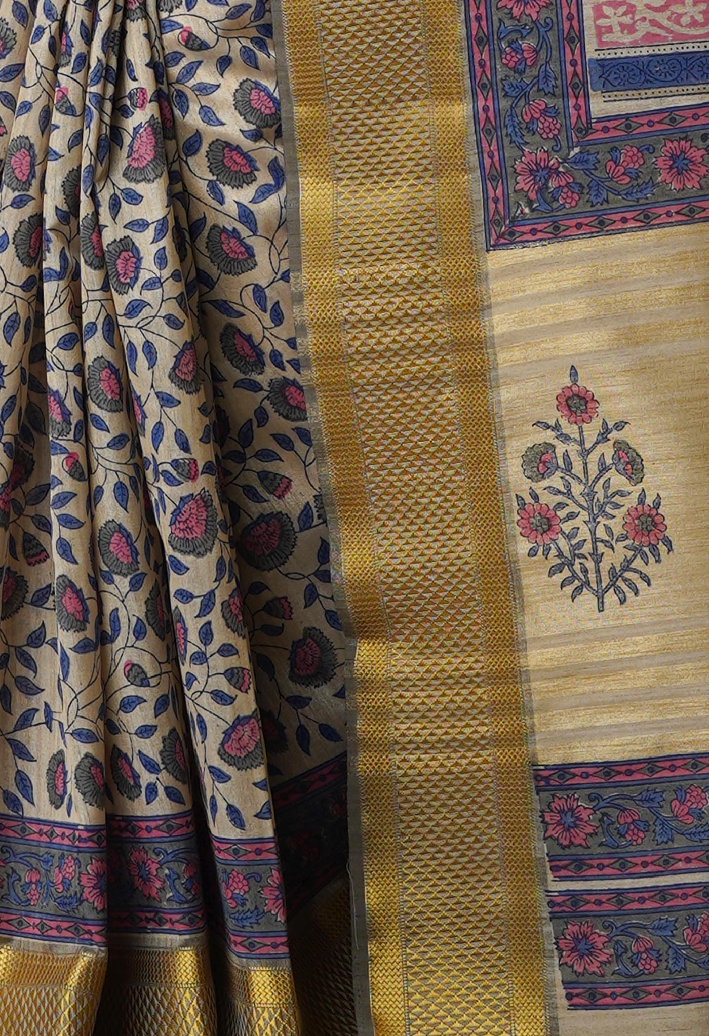 Cream Pure Handloom Bengal Tussar Silk Saree