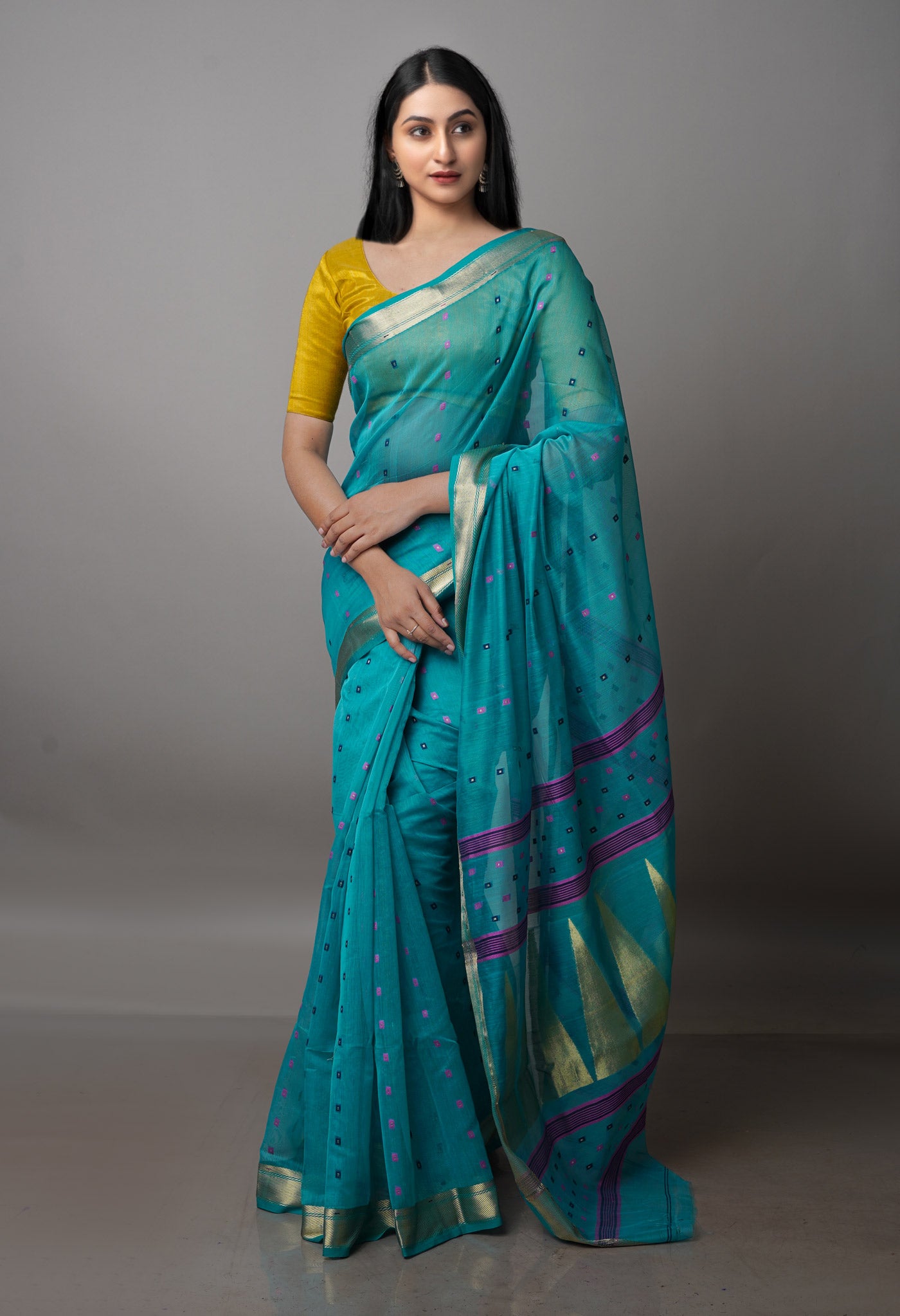 Sky Blue Pure Handloom Dhakai Jamdhani Cotton Silk Saree-UNM70229