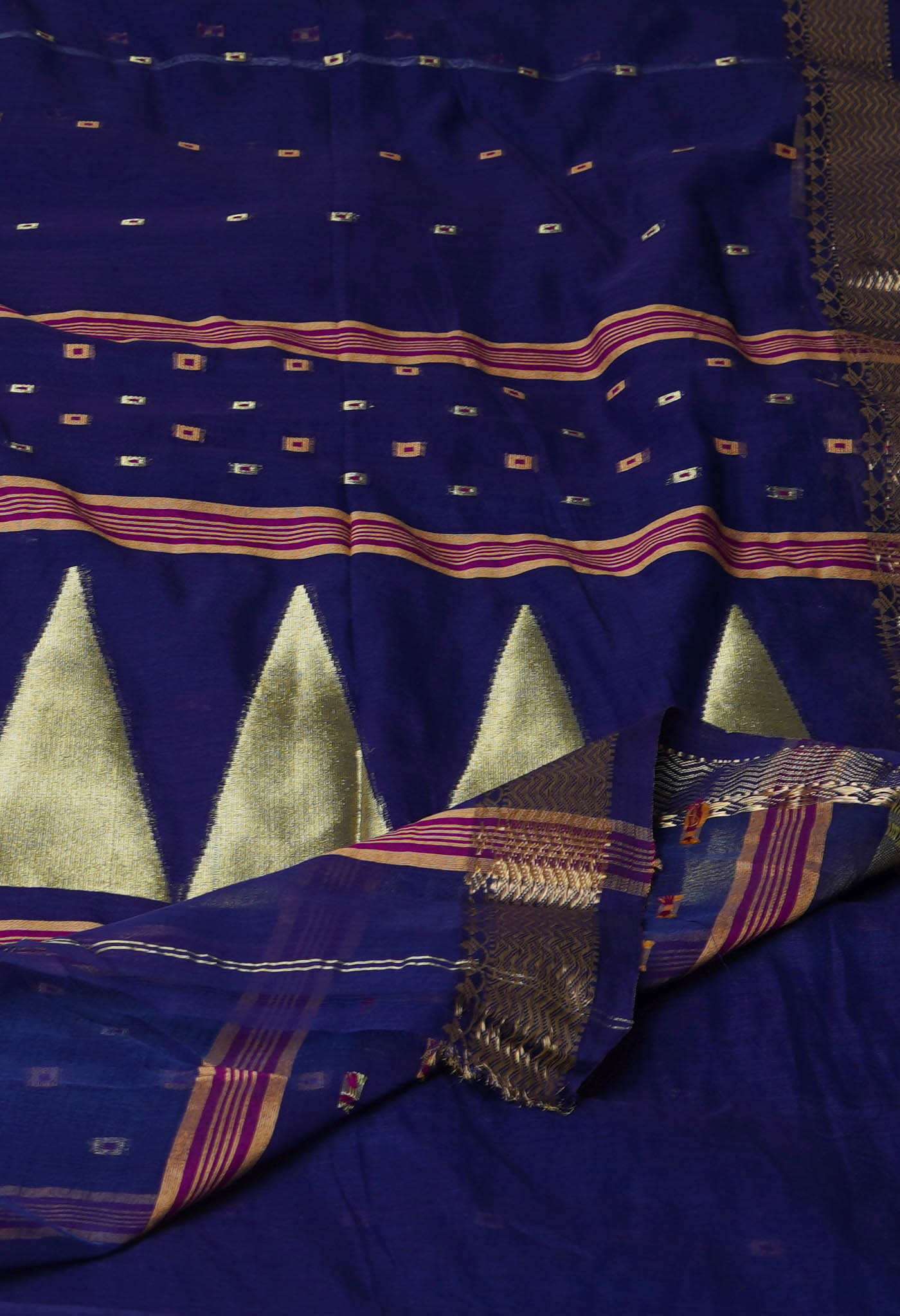 Navy Blue Pure Handloom Dhakai Jamdhani Cotton Silk Saree-UNM70230