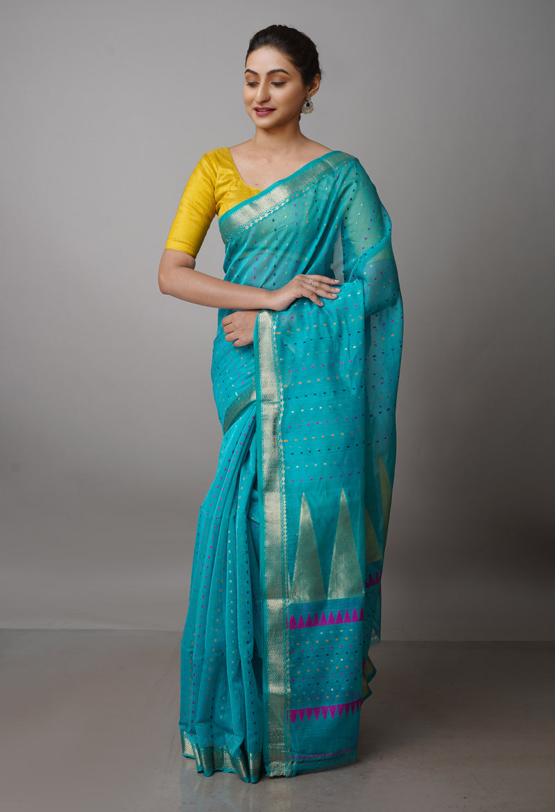 Sea Green Pure Handloom Dhakai Jamdhani Cotton Silk Saree-UNM70231
