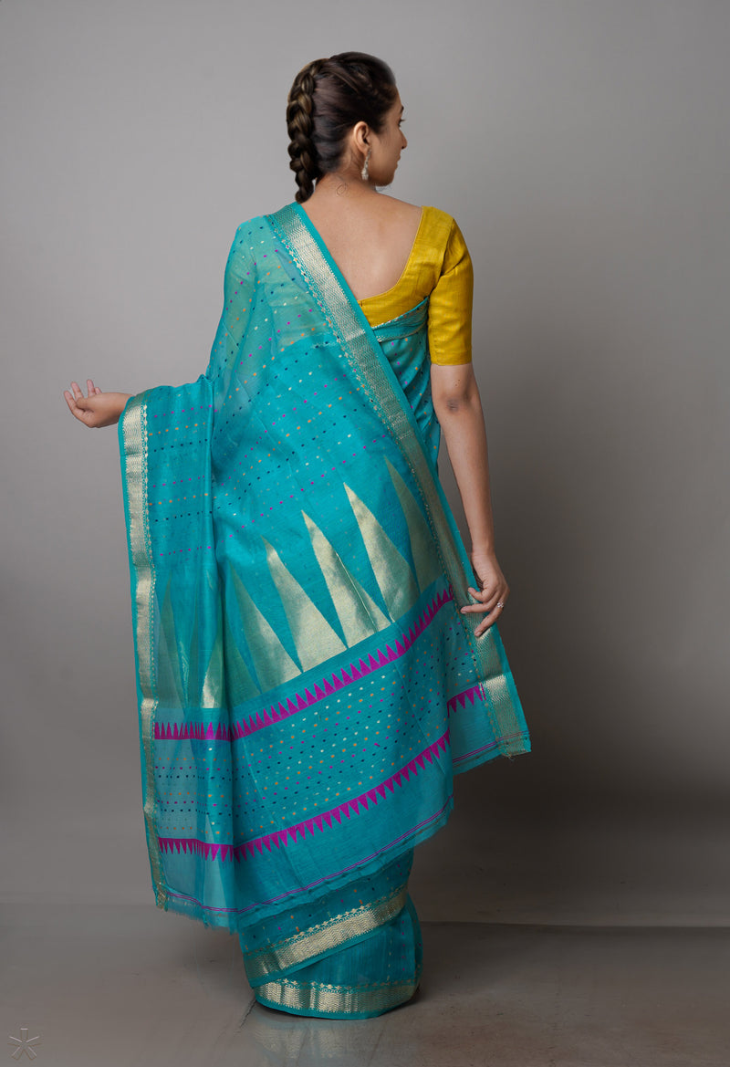 Sea Green Pure Handloom Dhakai Jamdhani Cotton Silk Saree-UNM70231
