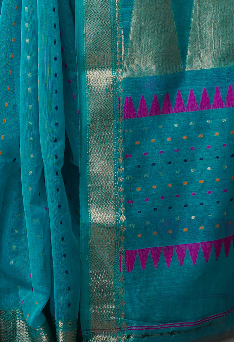 Sea Green Pure Handloom Dhakai Jamdhani Cotton Silk Saree-UNM70231