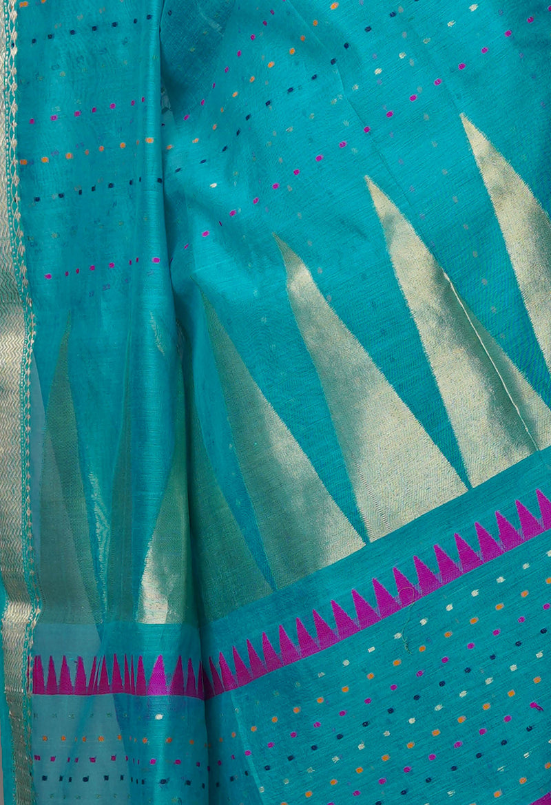 Sea Green Pure Handloom Dhakai Jamdhani Cotton Silk Saree-UNM70231