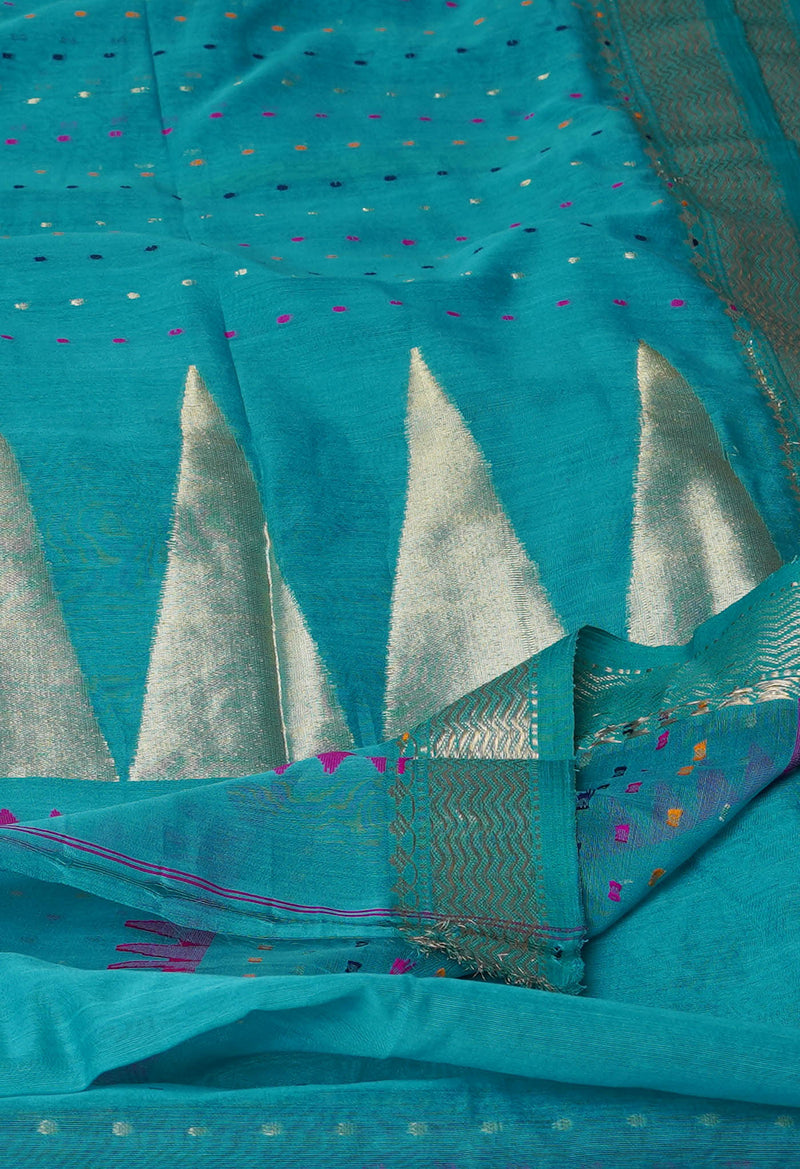 Sea Green Pure Handloom Dhakai Jamdhani Cotton Silk Saree-UNM70231