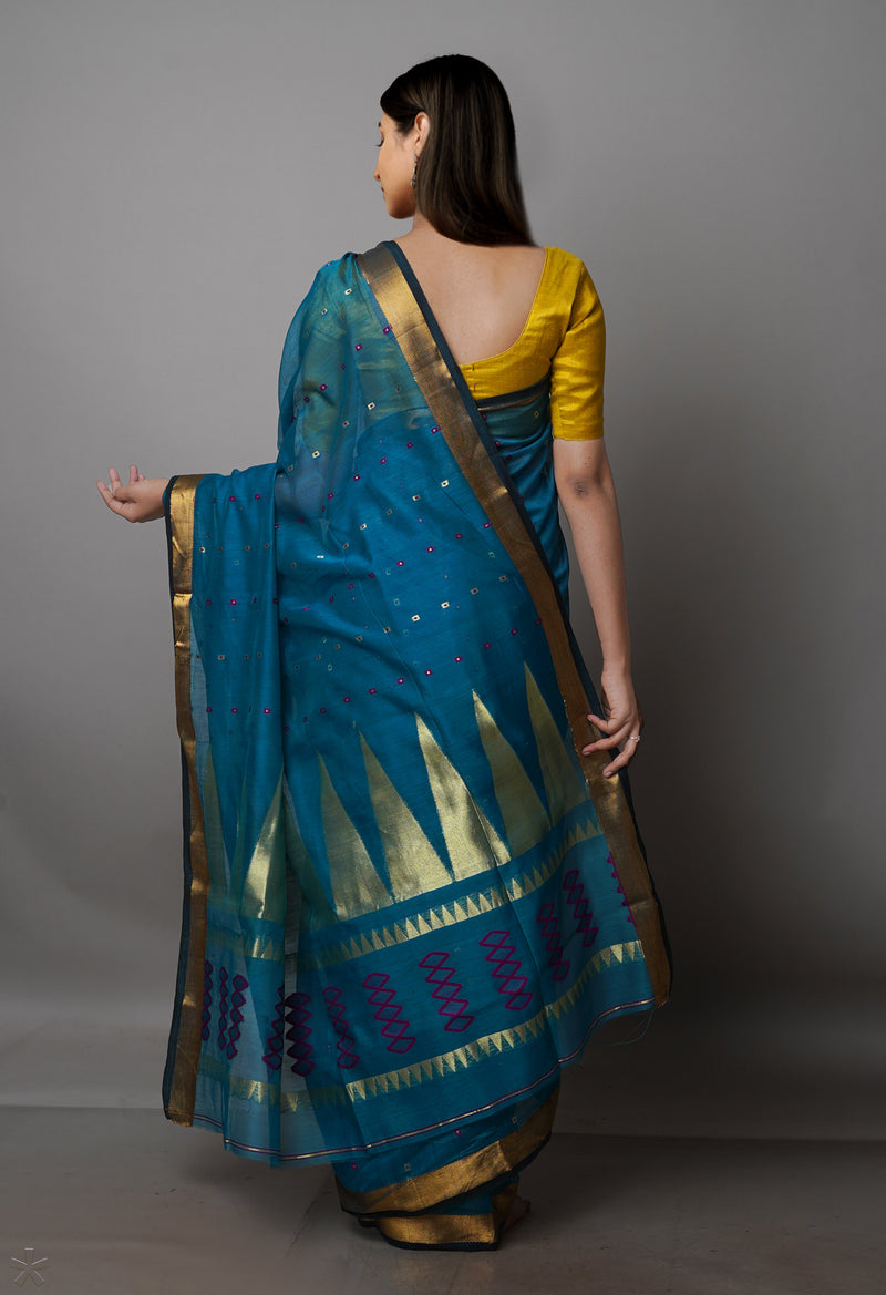 Sky Blue Pure Handloom Dhakai Jamdhani Cotton Silk Saree-UNM70233