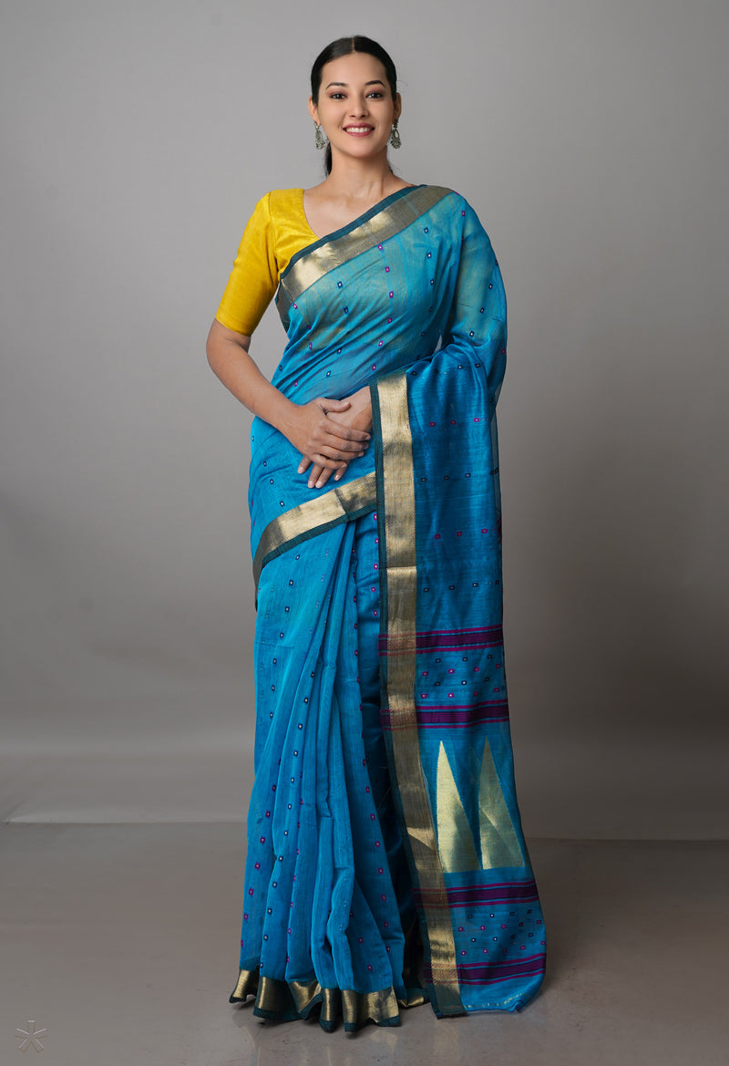 Sky Blue Pure Handloom Dhakai Jamdhani Cotton Silk Saree-UNM70235