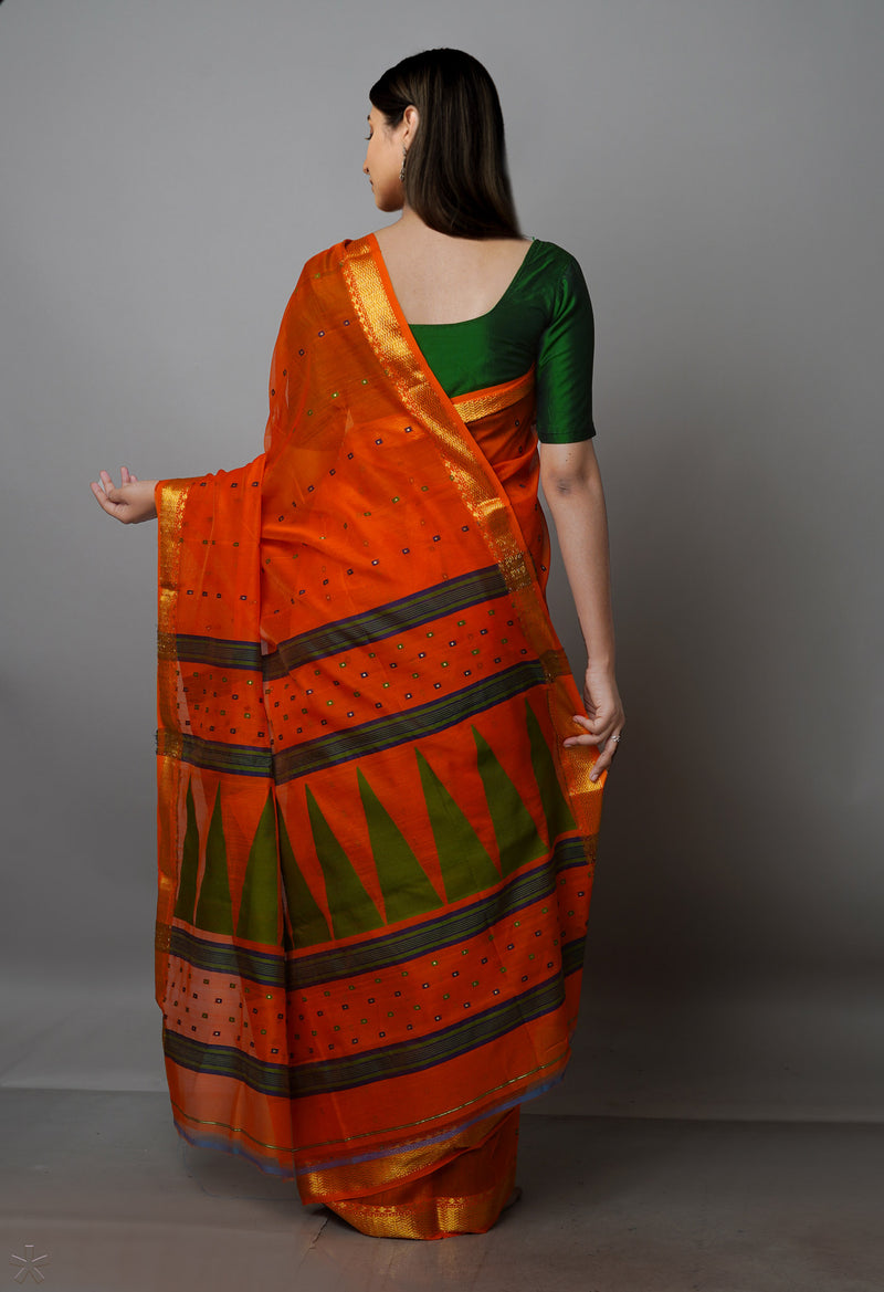 Orange Pure Handloom Dhakai Jamdhani Cotton Silk Saree-UNM70241