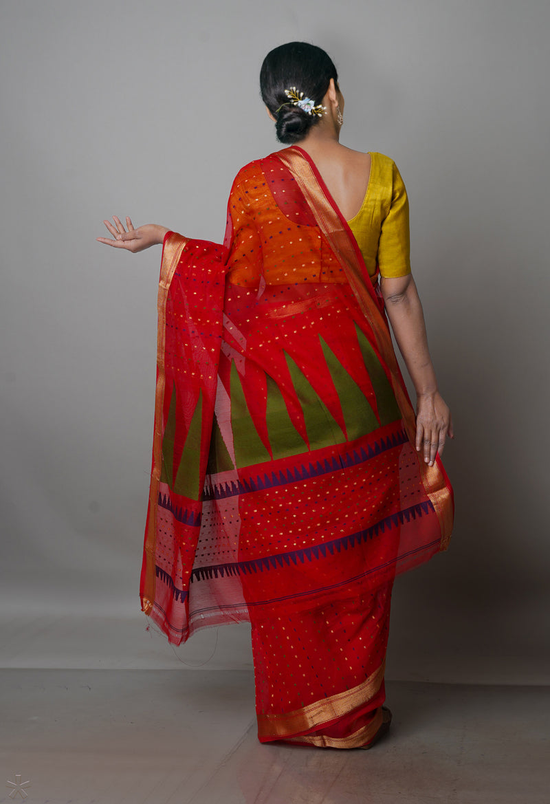 Red Pure Handloom Dhakai Jamdhani Cotton Silk Saree-UNM70246