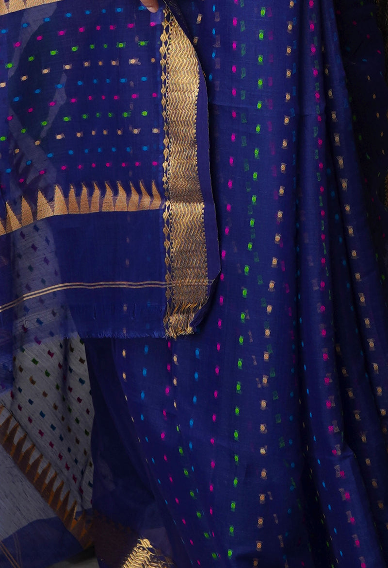 Navy Blue Pure Handloom Dhakai Jamdhani Cotton Silk Saree-UNM70249