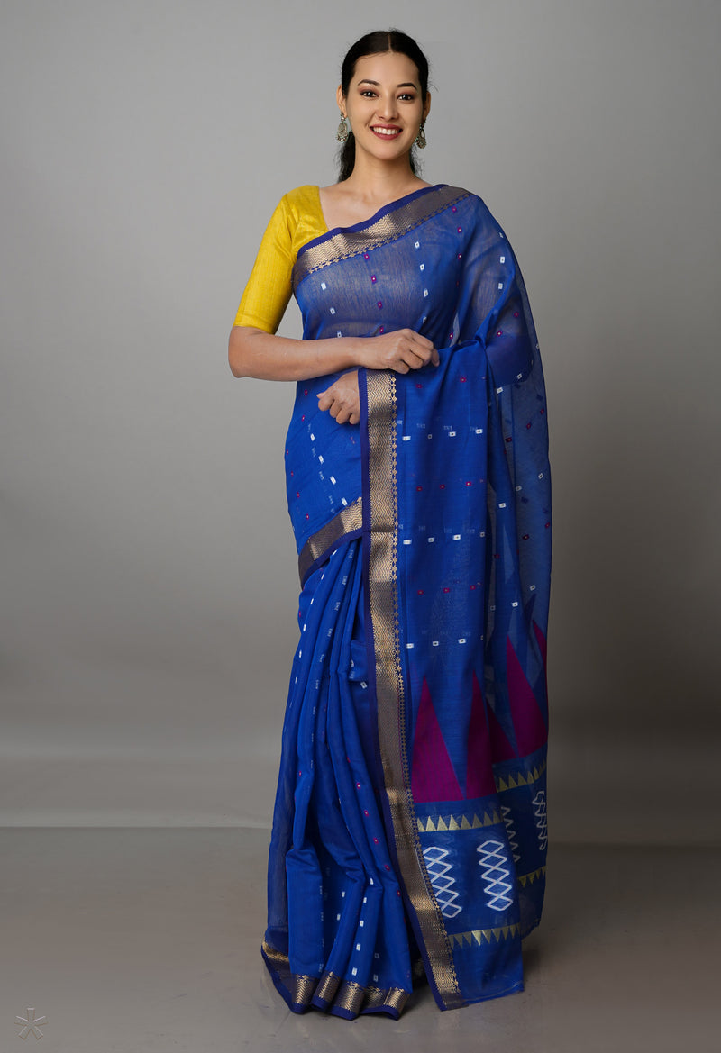 Dark Blue Pure Handloom Dhakai Jamdhani Cotton Silk Saree-UNM70252