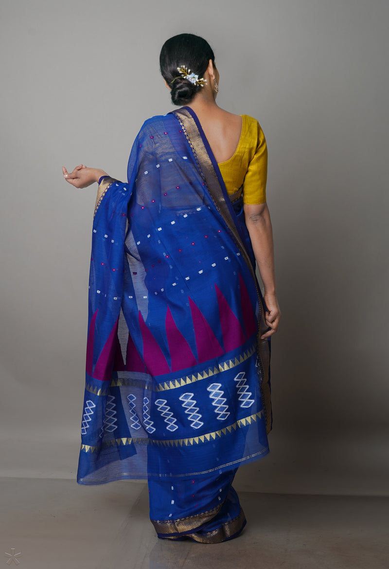 Dark Blue Pure Handloom Dhakai Jamdhani Cotton Silk Saree-UNM70252