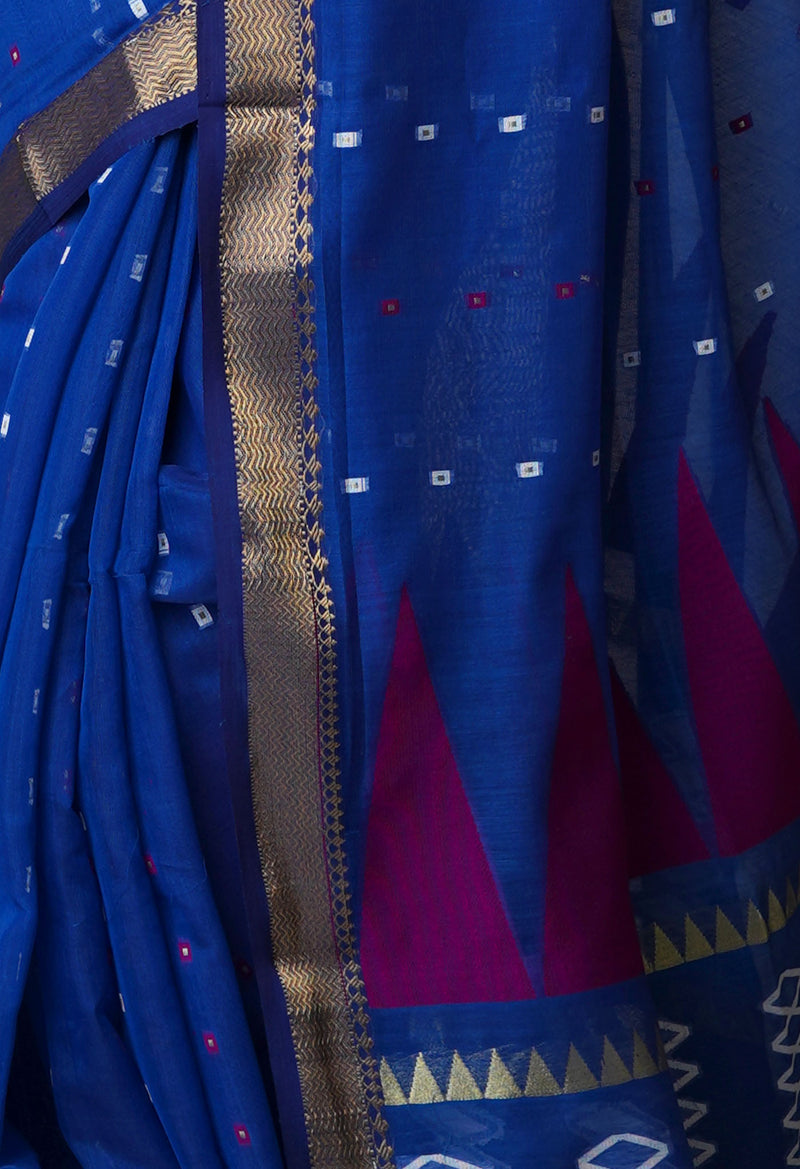 Dark Blue Pure Handloom Dhakai Jamdhani Cotton Silk Saree-UNM70252