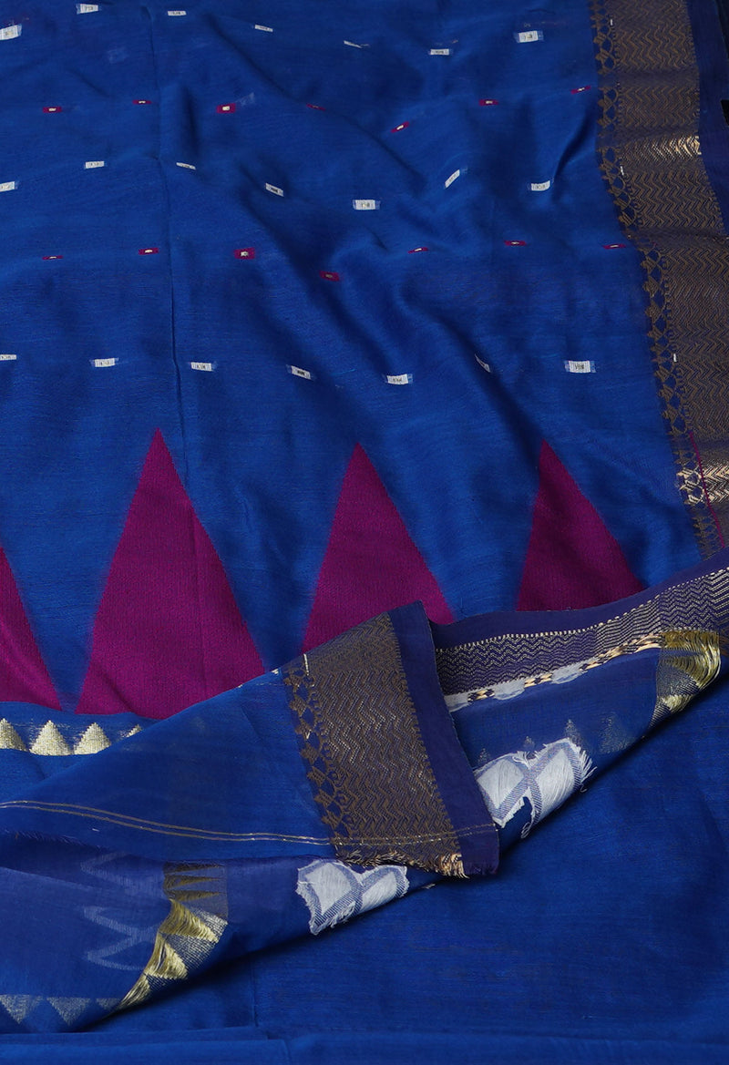 Dark Blue Pure Handloom Dhakai Jamdhani Cotton Silk Saree-UNM70252