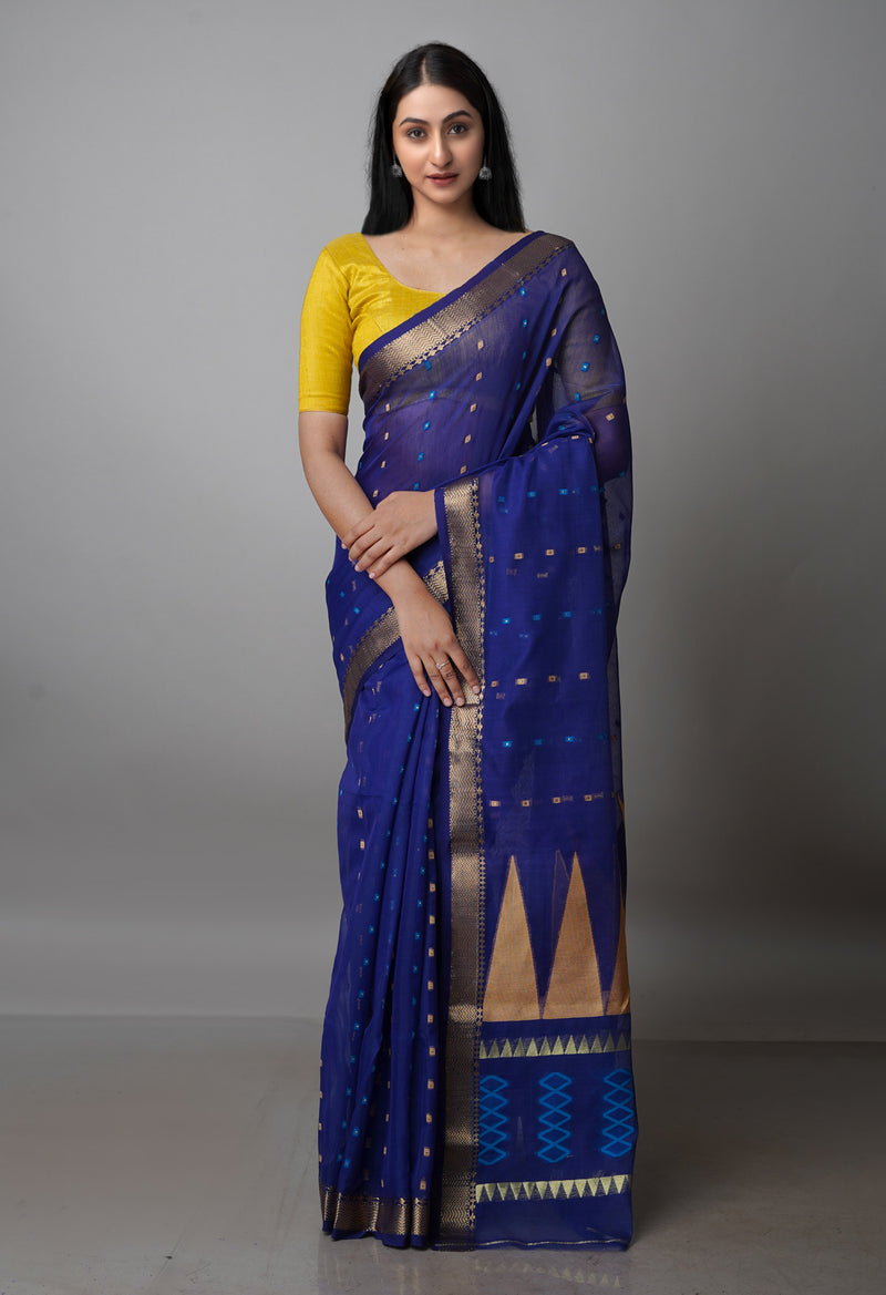 Navy Blue Pure Handloom Dhakai Jamdhani Cotton Silk Saree-UNM70253