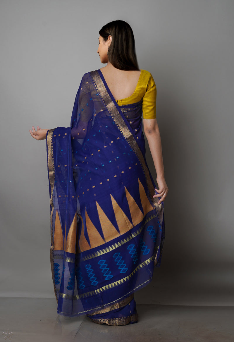 Navy Blue Pure Handloom Dhakai Jamdhani Cotton Silk Saree-UNM70253