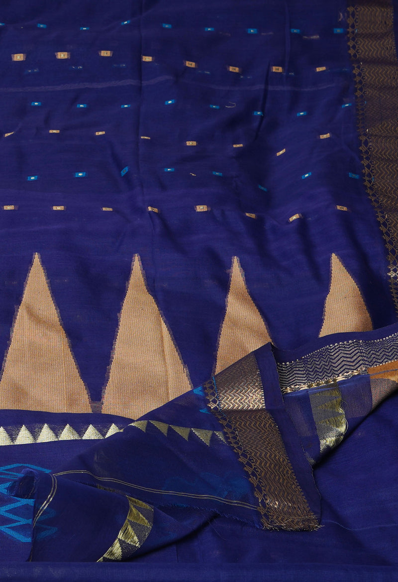 Navy Blue Pure Handloom Dhakai Jamdhani Cotton Silk Saree-UNM70253