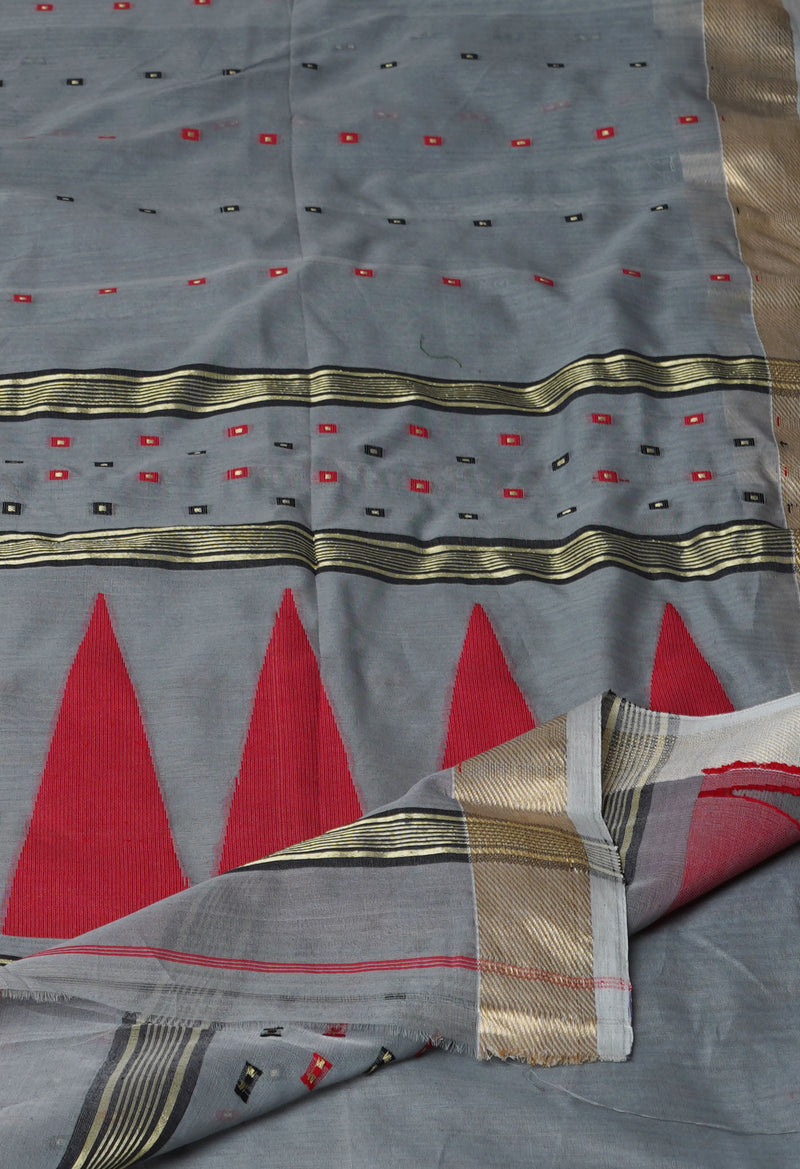 Light Grey Pure Handloom Dhakai Jamdhani Cotton Silk Saree-UNM70255