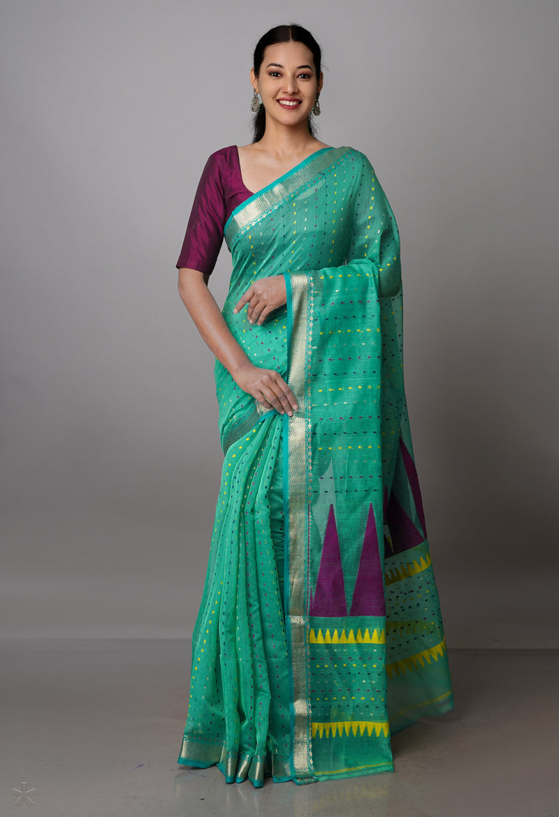 Sea Green Pure Handloom Dhakai Jamdhani Cotton Silk Saree-UNM70258