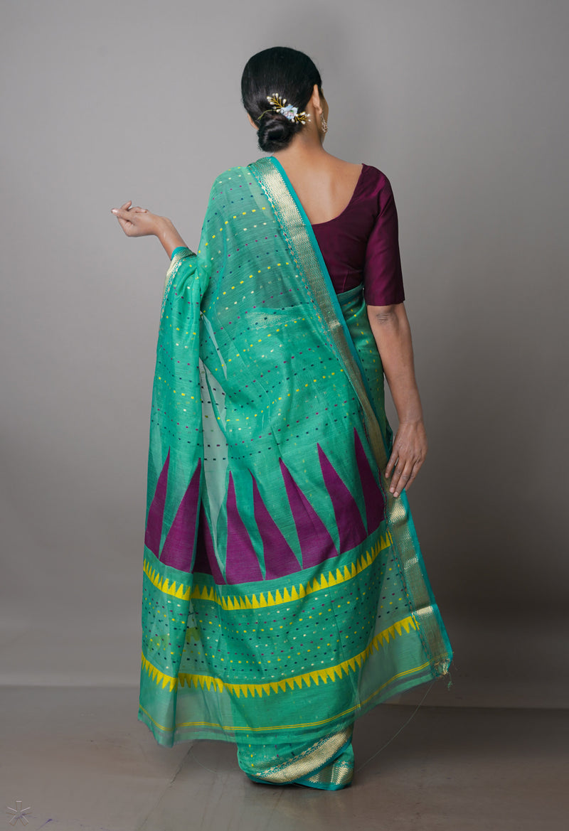 Sea Green Pure Handloom Dhakai Jamdhani Cotton Silk Saree-UNM70258
