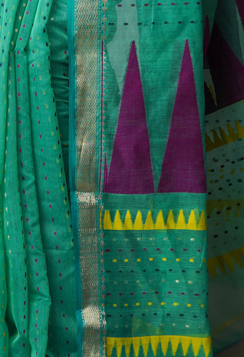 Sea Green Pure Handloom Dhakai Jamdhani Cotton Silk Saree-UNM70258