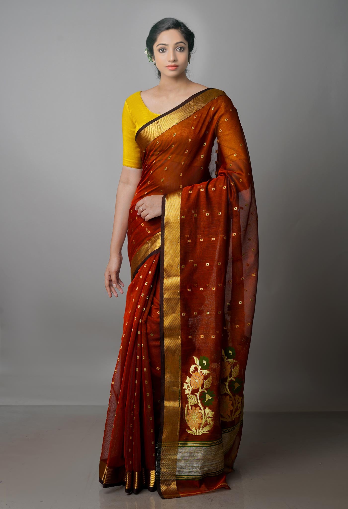 Flaming Orange Pure Handloom Dhakai Jamdhani Cotton Silk Saree-UNM70259