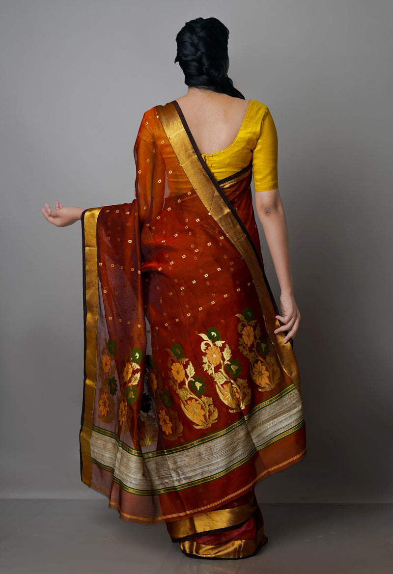 Flaming Orange Pure Handloom Dhakai Jamdhani Cotton Silk Saree-UNM70259