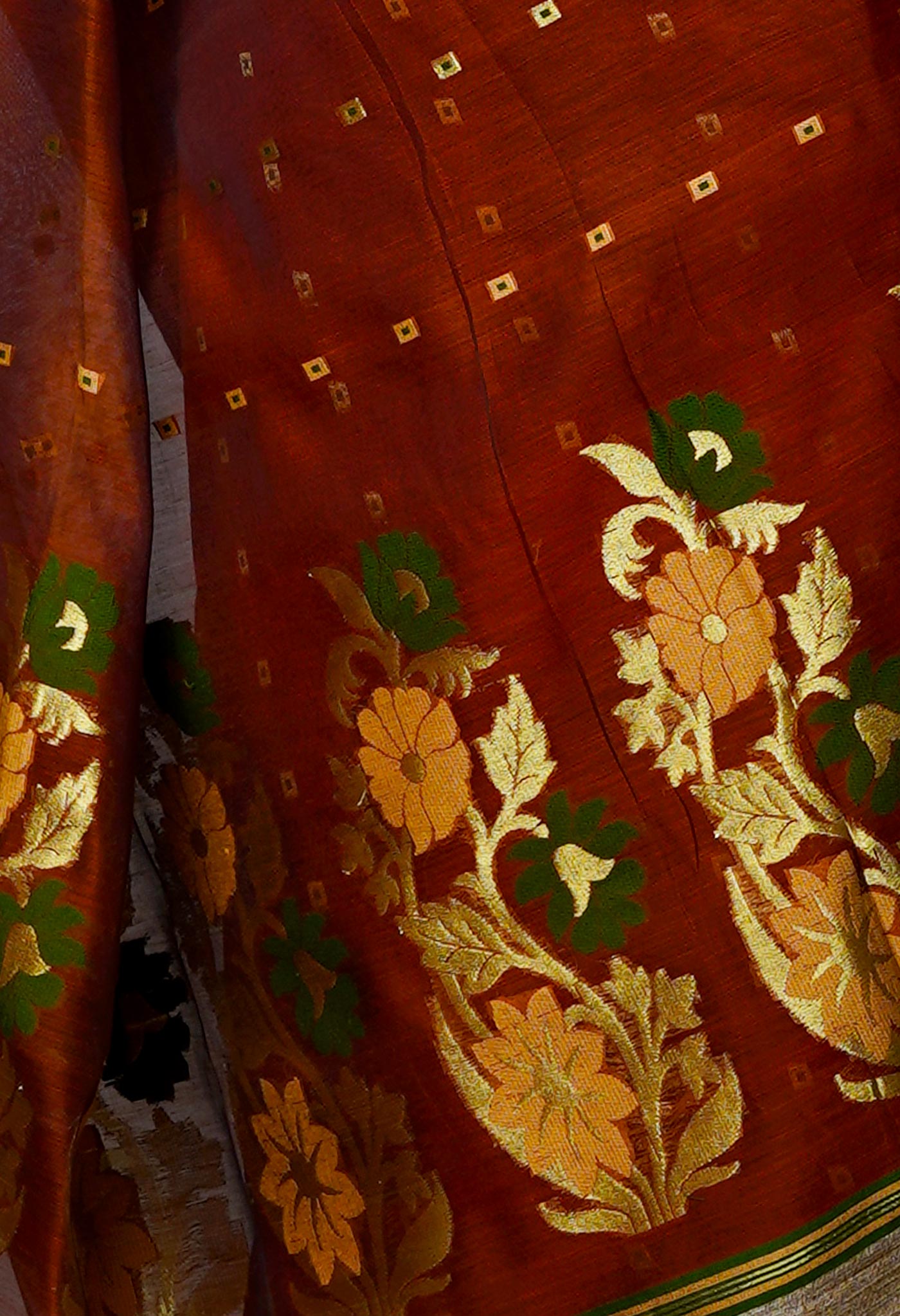 Flaming Orange Pure Handloom Dhakai Jamdhani Cotton Silk Saree-UNM70259