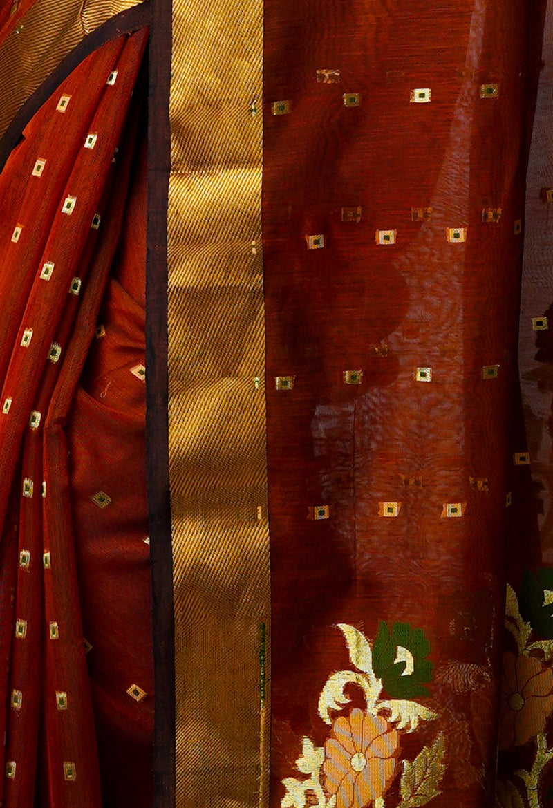 Flaming Orange Pure Handloom Dhakai Jamdhani Cotton Silk Saree-UNM70259