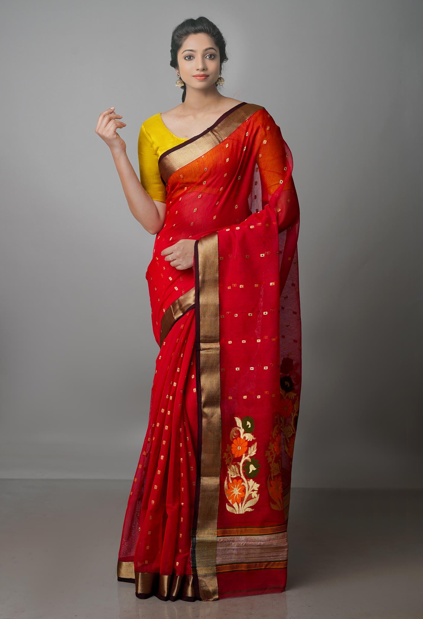 Red Pure Handloom Dhakai Jamdhani Cotton Silk Saree-UNM70261