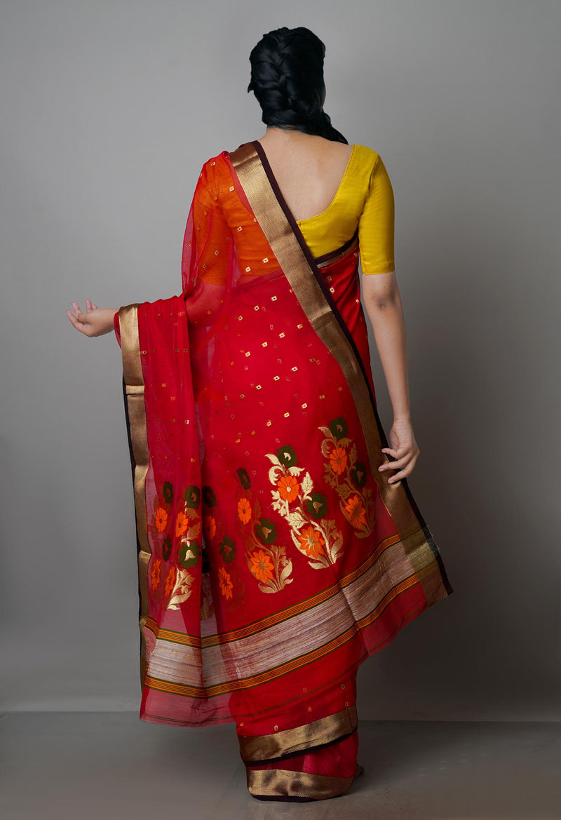 Red Pure Handloom Dhakai Jamdhani Cotton Silk Saree-UNM70261